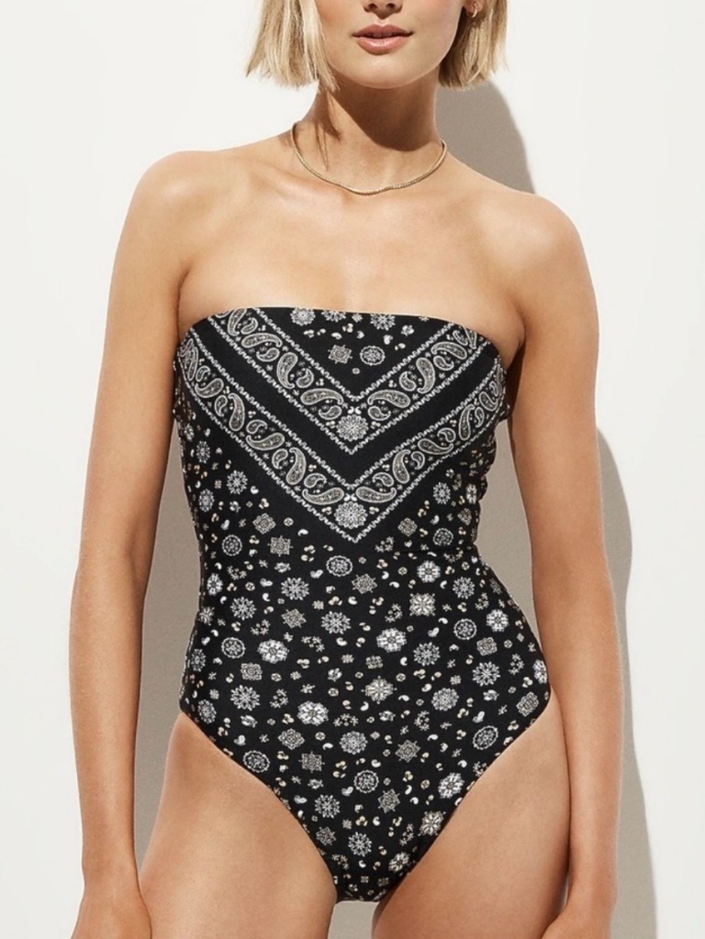 J. Crew Black and White Bandana-Print Strapless One-Piece Swimsuit